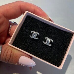 Chanel Vintage CC Logos Stud Silver Tone Earrings .5 Ct Moissanite